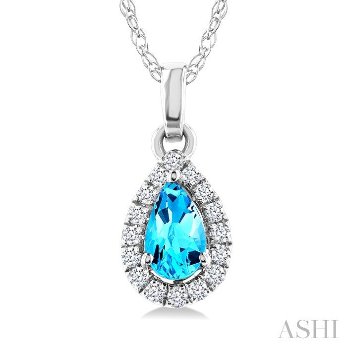 5x3 MM Pear Shape Blue Topaz and 1/20 Ctw Round Cut Diamond Halo Semi-Precious Pendant with Chain in 14K White Gold