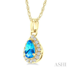 5x3 MM Pear Shape Blue Topaz and 1/20 Ctw Round Cut Diamond Halo Semi-Precious Pendant with Chain in 14K Yellow Gold