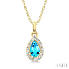 5x3 MM Pear Shape Blue Topaz and 1/20 Ctw Round Cut Diamond Halo Semi-Precious Pendant with Chain in 14K Yellow Gold