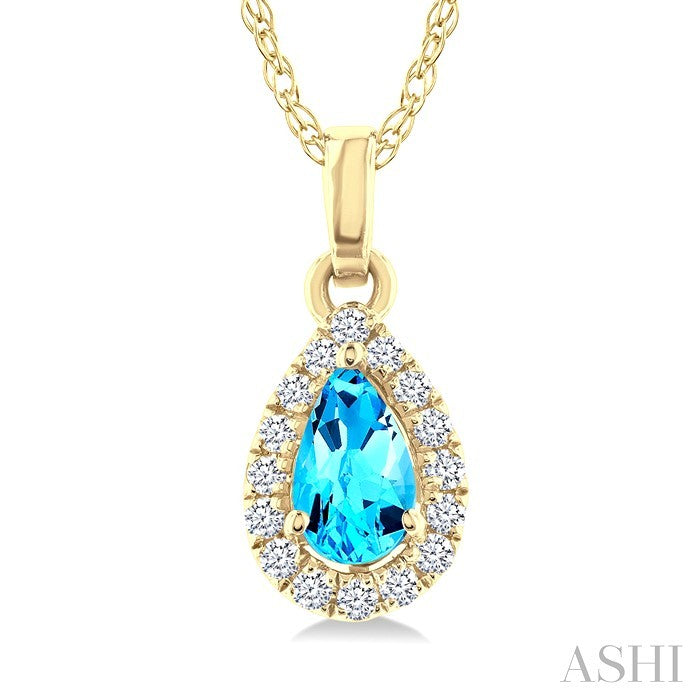 5x3 MM Pear Shape Blue Topaz and 1/20 Ctw Round Cut Diamond Halo Semi-Precious Pendant with Chain in 14K Yellow Gold