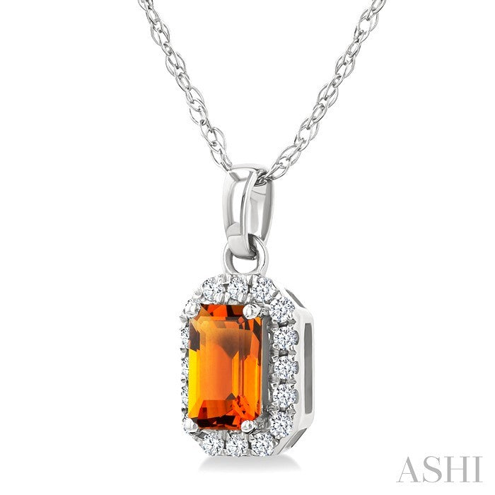 5x3 MM Octagonal Shape Citrine and 1/20 Ctw Round Cut Diamond Halo Semi-Precious Pendant with Chain in 14K White Gold