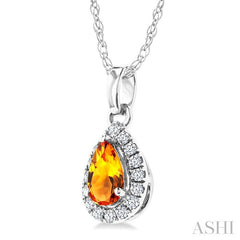 5x3 MM Pear Shape Citrine and 1/20 Ctw Round Cut Diamond Halo Semi-Precious Pendant with Chain in 14K White Gold