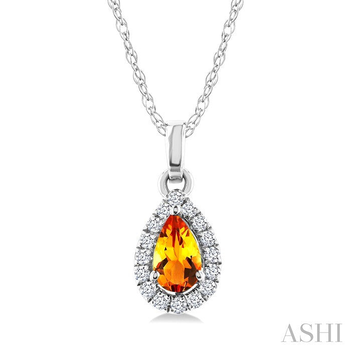 5x3 MM Pear Shape Citrine and 1/20 Ctw Round Cut Diamond Halo Semi-Precious Pendant with Chain in 14K White Gold