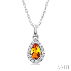 5x3 MM Pear Shape Citrine and 1/20 Ctw Round Cut Diamond Halo Semi-Precious Pendant with Chain in 14K White Gold