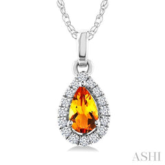 5x3 MM Pear Shape Citrine and 1/20 Ctw Round Cut Diamond Halo Semi-Precious Pendant with Chain in 14K White Gold