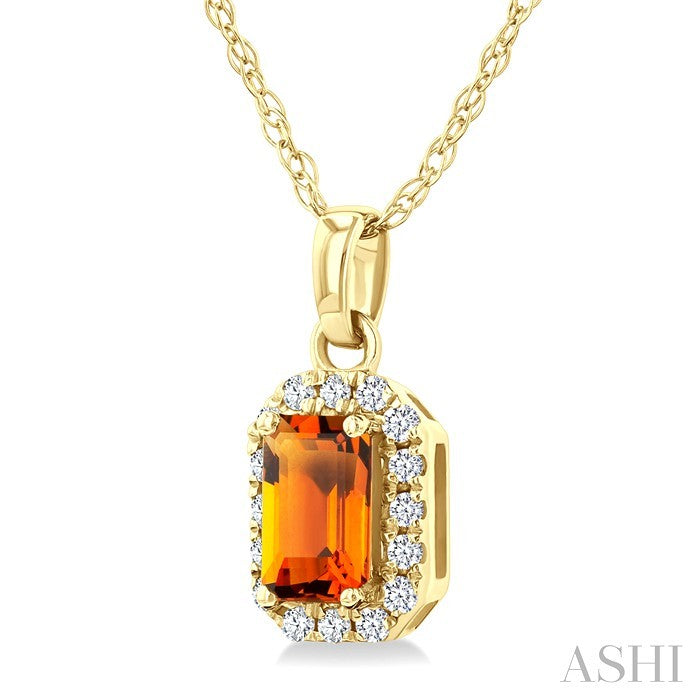 5x3 MM Octagonal Shape Citrine and 1/20 Ctw Round Cut Diamond Halo Semi-Precious Pendant with Chain in 14K Yellow Gold