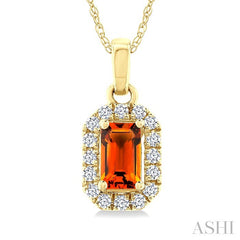 5x3 MM Octagonal Shape Citrine and 1/20 Ctw Round Cut Diamond Halo Semi-Precious Pendant with Chain in 14K Yellow Gold
