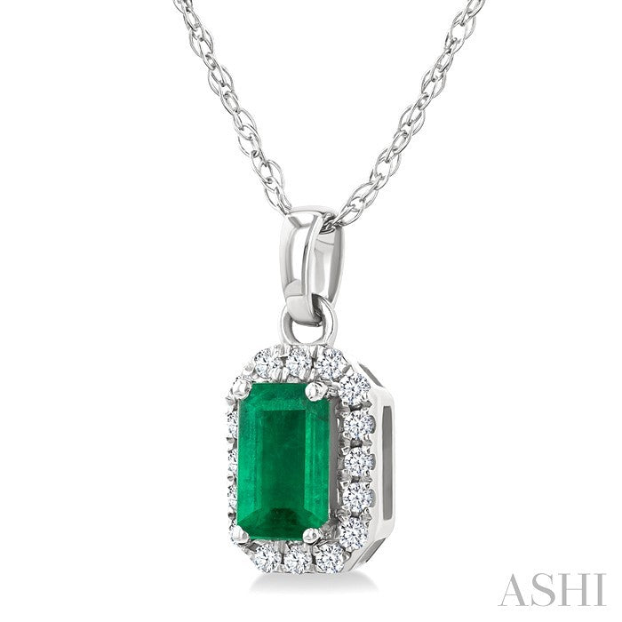 5x3 MM Octagonal Shape Emerald and 1/20 Ctw Round Cut Diamond Halo Precious Pendant with Chain in 14K White Gold