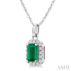 5x3 MM Octagonal Shape Emerald and 1/20 Ctw Round Cut Diamond Halo Precious Pendant with Chain in 14K White Gold