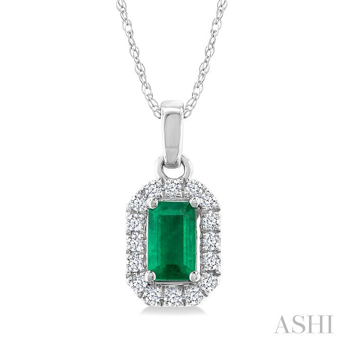 5x3 MM Octagonal Shape Emerald and 1/20 Ctw Round Cut Diamond Halo Precious Pendant with Chain in 14K White Gold