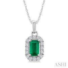 5x3 MM Octagonal Shape Emerald and 1/20 Ctw Round Cut Diamond Halo Precious Pendant with Chain in 14K White Gold