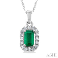 5x3 MM Octagonal Shape Emerald and 1/20 Ctw Round Cut Diamond Halo Precious Pendant with Chain in 14K White Gold