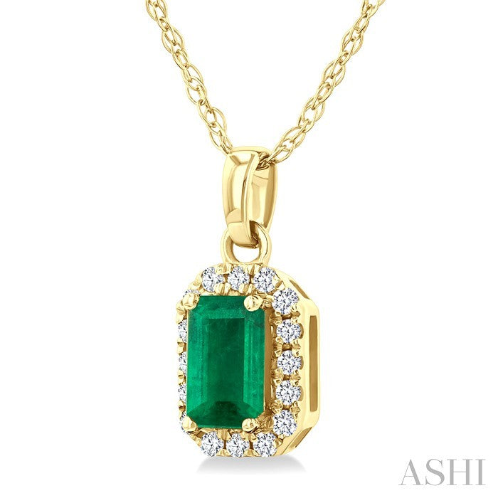 5x3 MM Octagonal Shape Emerald and 1/20 Ctw Round Cut Diamond Halo Precious Pendant with Chain in 14K Yellow Gold