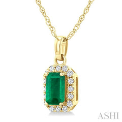 5x3 MM Octagonal Shape Emerald and 1/20 Ctw Round Cut Diamond Halo Precious Pendant with Chain in 14K Yellow Gold