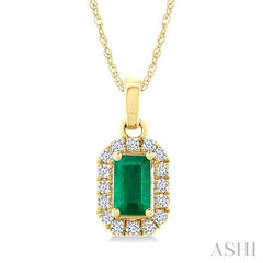 5x3 MM Octagonal Shape Emerald and 1/20 Ctw Round Cut Diamond Halo Precious Pendant with Chain in 14K Yellow Gold