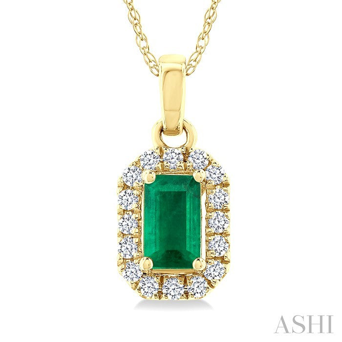 5x3 MM Octagonal Shape Emerald and 1/20 Ctw Round Cut Diamond Halo Precious Pendant with Chain in 14K Yellow Gold