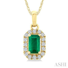 5x3 MM Octagonal Shape Emerald and 1/20 Ctw Round Cut Diamond Halo Precious Pendant with Chain in 14K Yellow Gold