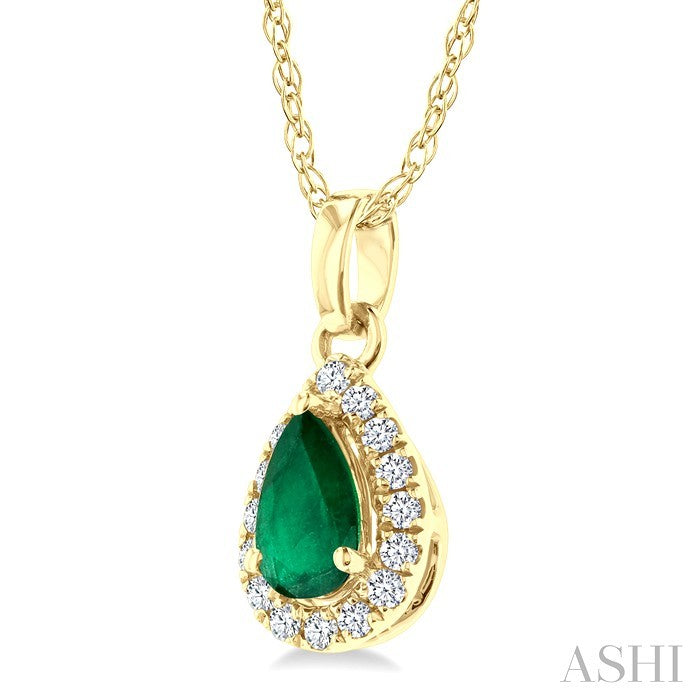 5x3 MM Pear Shape Emerald and 1/20 Ctw Round Cut Diamond Halo Precious Pendant with Chain in 14K Yellow Gold