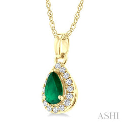 5x3 MM Pear Shape Emerald and 1/20 Ctw Round Cut Diamond Halo Precious Pendant with Chain in 14K Yellow Gold