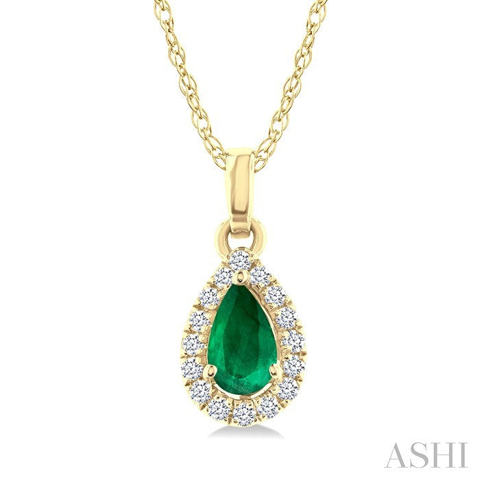 5x3 MM Pear Shape Emerald and 1/20 Ctw Round Cut Diamond Halo Precious Pendant with Chain in 14K Yellow Gold