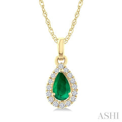 5x3 MM Pear Shape Emerald and 1/20 Ctw Round Cut Diamond Halo Precious Pendant with Chain in 14K Yellow Gold