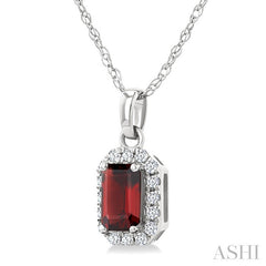 5x3 MM Octagonal Shape Garnet and 1/20 Ctw Round Cut Diamond Halo Semi-Precious Pendant with Chain in 14K White Gold