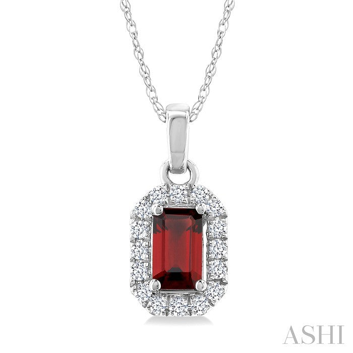 5x3 MM Octagonal Shape Garnet and 1/20 Ctw Round Cut Diamond Halo Semi-Precious Pendant with Chain in 14K White Gold