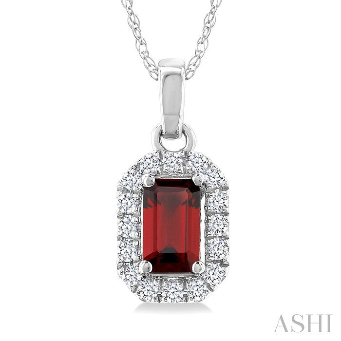 5x3 MM Octagonal Shape Garnet and 1/20 Ctw Round Cut Diamond Halo Semi-Precious Pendant with Chain in 14K White Gold