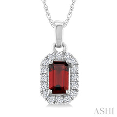 5x3 MM Octagonal Shape Garnet and 1/20 Ctw Round Cut Diamond Halo Semi-Precious Pendant with Chain in 14K White Gold