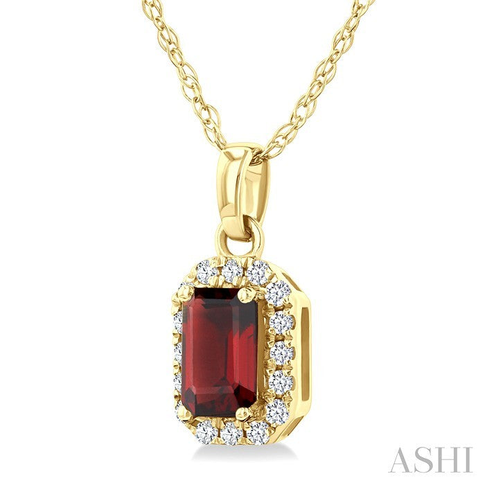 5x3 MM Octagonal Shape Garnet and 1/20 Ctw Round Cut Diamond Halo Semi-Precious Pendant with Chain in 14K Yellow Gold