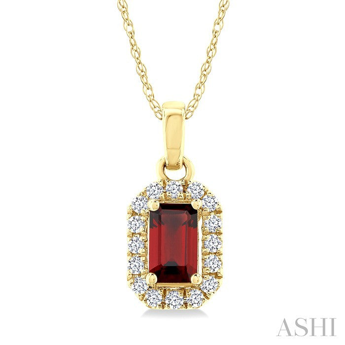 5x3 MM Octagonal Shape Garnet and 1/20 Ctw Round Cut Diamond Halo Semi-Precious Pendant with Chain in 14K Yellow Gold