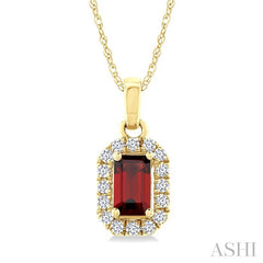 5x3 MM Octagonal Shape Garnet and 1/20 Ctw Round Cut Diamond Halo Semi-Precious Pendant with Chain in 14K Yellow Gold