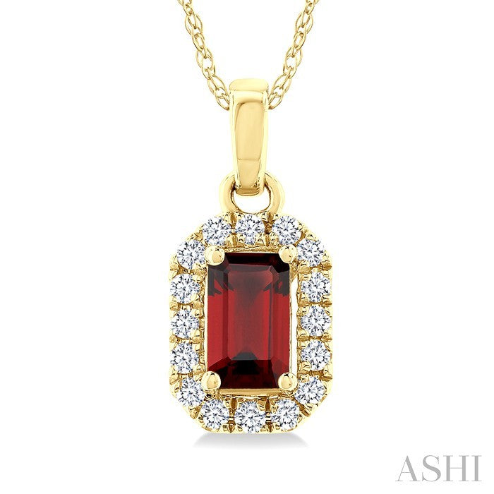 5x3 MM Octagonal Shape Garnet and 1/20 Ctw Round Cut Diamond Halo Semi-Precious Pendant with Chain in 14K Yellow Gold