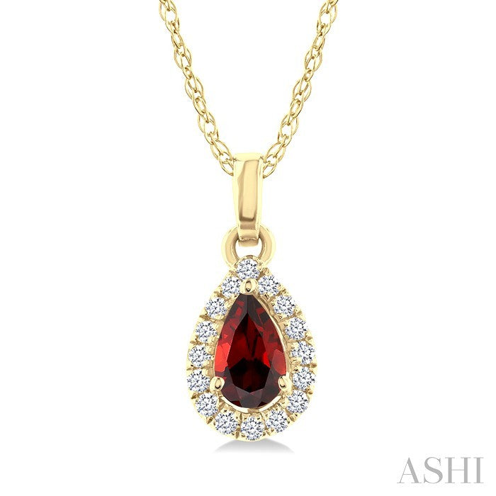 5x3 MM Pear Shape Garnet and 1/20 Ctw Round Cut Diamond Halo Semi-Precious Pendant with Chain in 14K Yellow Gold