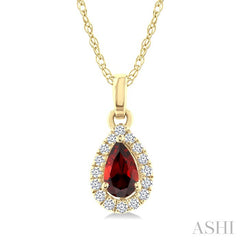 5x3 MM Pear Shape Garnet and 1/20 Ctw Round Cut Diamond Halo Semi-Precious Pendant with Chain in 14K Yellow Gold