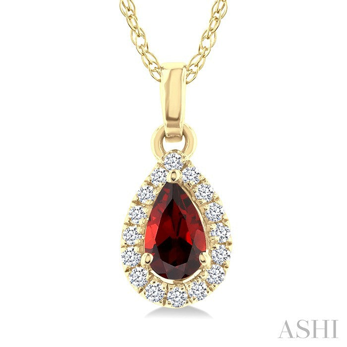 5x3 MM Pear Shape Garnet and 1/20 Ctw Round Cut Diamond Halo Semi-Precious Pendant with Chain in 14K Yellow Gold