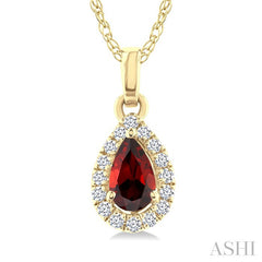 5x3 MM Pear Shape Garnet and 1/20 Ctw Round Cut Diamond Halo Semi-Precious Pendant with Chain in 14K Yellow Gold