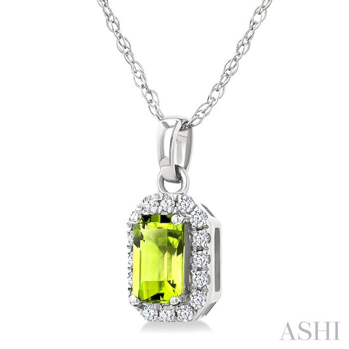 5x3 MM Octagonal Shape Peridot and 1/20 Ctw Round Cut Diamond Halo Semi-Precious Pendant with Chain in 14K White Gold