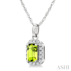 5x3 MM Octagonal Shape Peridot and 1/20 Ctw Round Cut Diamond Halo Semi-Precious Pendant with Chain in 14K White Gold