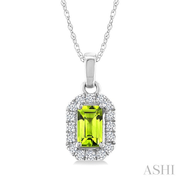 5x3 MM Octagonal Shape Peridot and 1/20 Ctw Round Cut Diamond Halo Semi-Precious Pendant with Chain in 14K White Gold