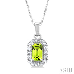5x3 MM Octagonal Shape Peridot and 1/20 Ctw Round Cut Diamond Halo Semi-Precious Pendant with Chain in 14K White Gold