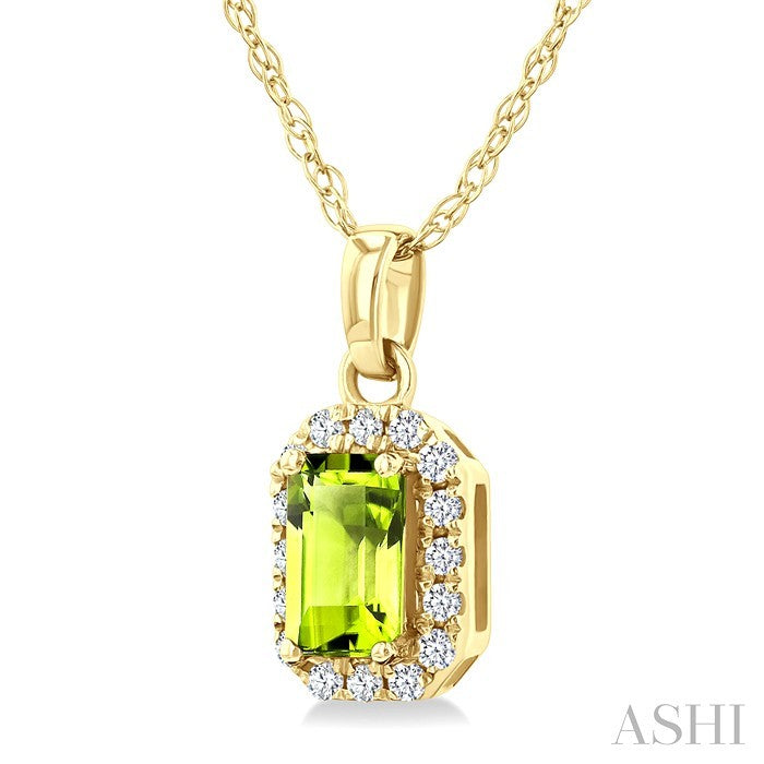 5x3 MM Octagonal Shape Peridot and 1/20 Ctw Round Cut Diamond Halo Semi-Precious Pendant with Chain in 14K Yellow Gold
