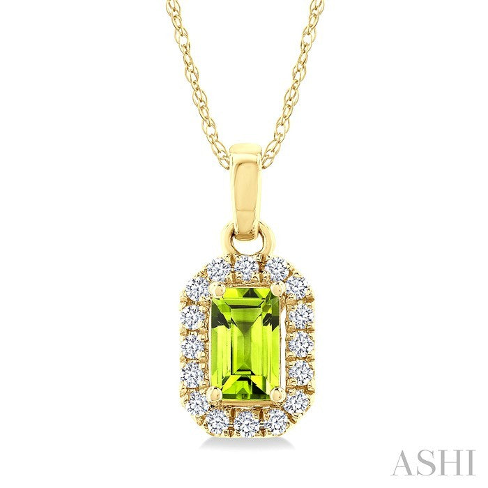 5x3 MM Octagonal Shape Peridot and 1/20 Ctw Round Cut Diamond Halo Semi-Precious Pendant with Chain in 14K Yellow Gold