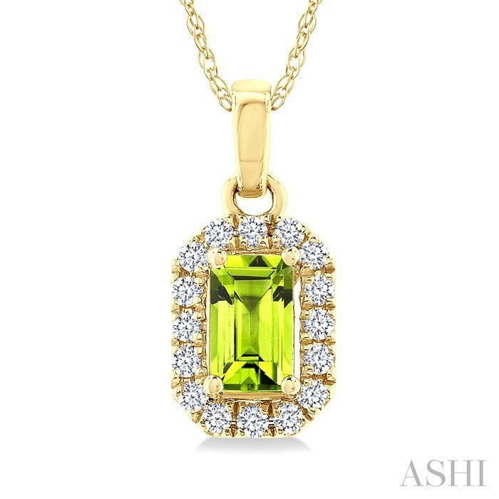 5x3 MM Octagonal Shape Peridot and 1/20 Ctw Round Cut Diamond Halo Semi-Precious Pendant with Chain in 14K Yellow Gold