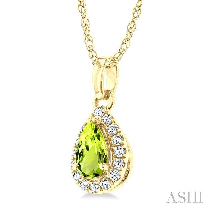 5x3 MM Pear Shape Peridot and 1/20 Ctw Round Cut Diamond Halo Semi-Precious Pendant with Chain in 14K Yellow Gold