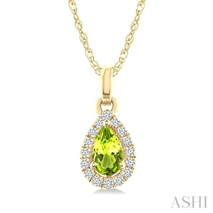 5x3 MM Pear Shape Peridot and 1/20 Ctw Round Cut Diamond Halo Semi-Precious Pendant with Chain in 14K Yellow Gold