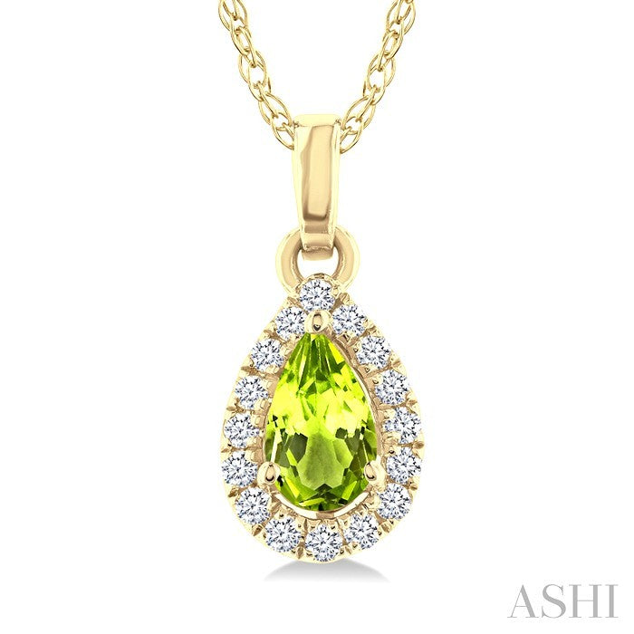 5x3 MM Pear Shape Peridot and 1/20 Ctw Round Cut Diamond Halo Semi-Precious Pendant with Chain in 14K Yellow Gold