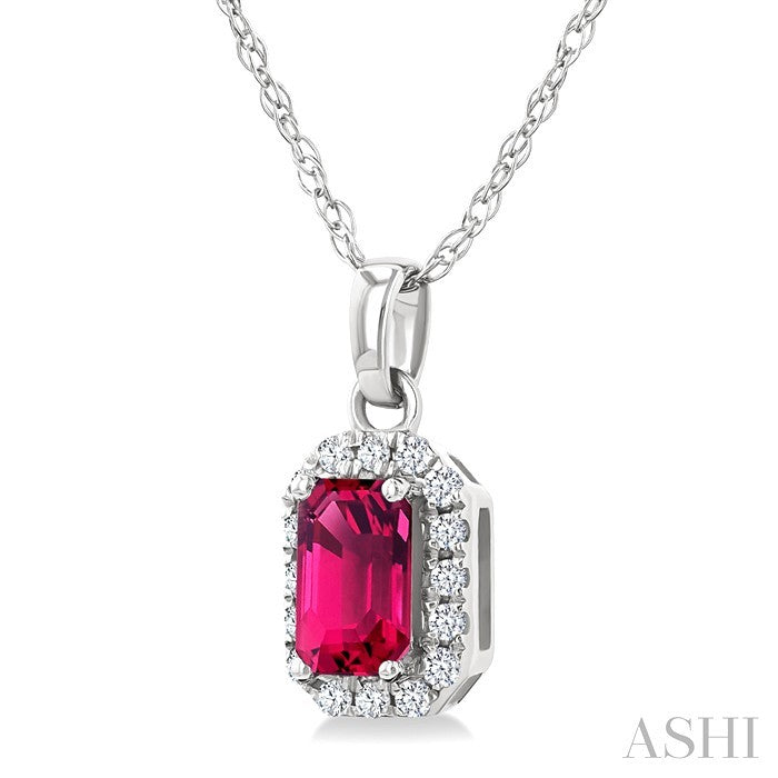 5x3 MM Octagonal Shape Pink Tourmaline and 1/20 Ctw Round Cut Diamond Halo Semi-Precious Pendant with Chain in 14K White Gold