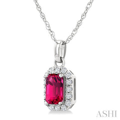 5x3 MM Octagonal Shape Pink Tourmaline and 1/20 Ctw Round Cut Diamond Halo Semi-Precious Pendant with Chain in 14K White Gold