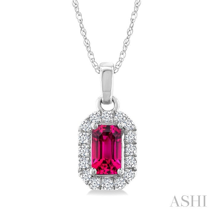 5x3 MM Octagonal Shape Pink Tourmaline and 1/20 Ctw Round Cut Diamond Halo Semi-Precious Pendant with Chain in 14K White Gold